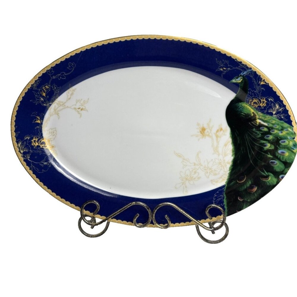 Vintage Savoy Home Cobalt Blue Peacock Gold Trim Meat Platter- 14" X 9.5"